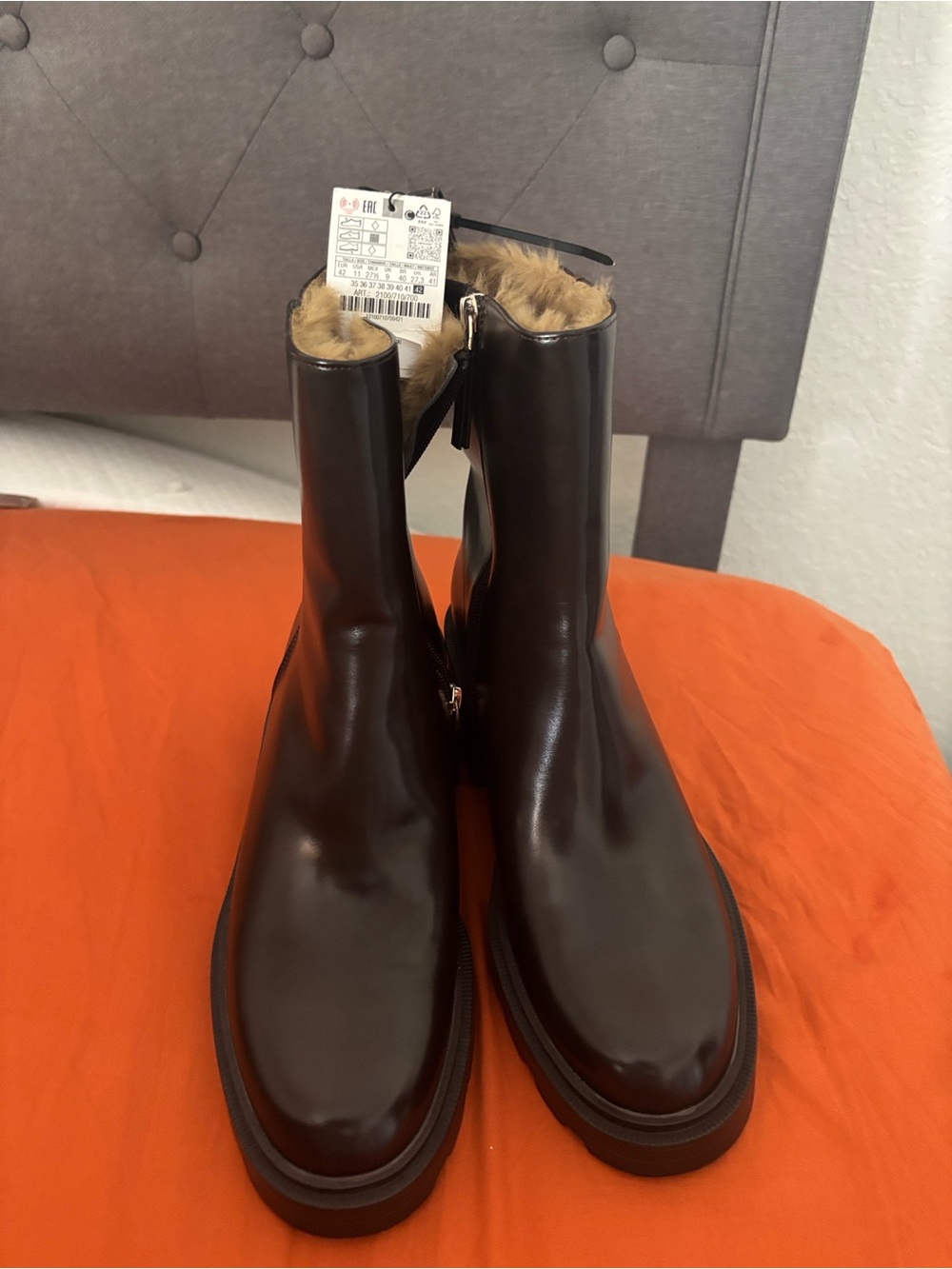 Zara Brown Faux-Fur Lined Chelsea Combat Boots